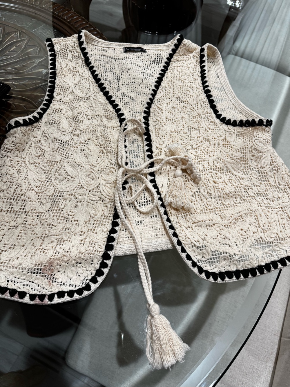 Massimo Ivory Crochet Tank Top with Black Trim and Tassel Tie